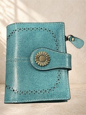 🪷 Teal Daisy-Button Perforated Wallet